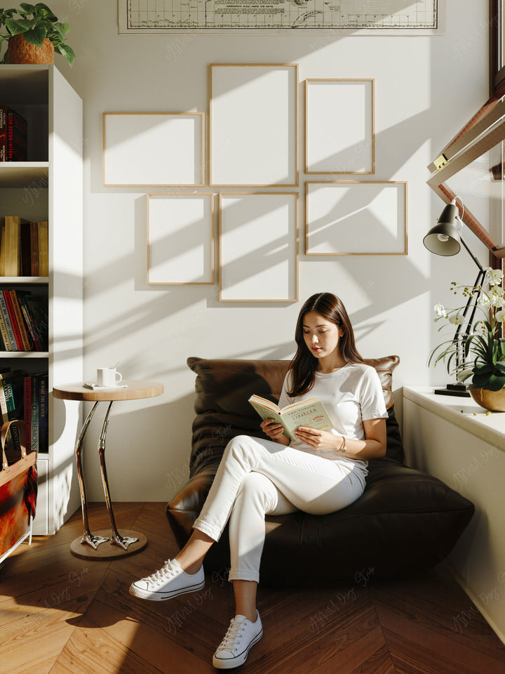 Set of 6 Gallery Wall Frames Mockup with Person,Wall Art Mockup,Picture Frame Mockup
