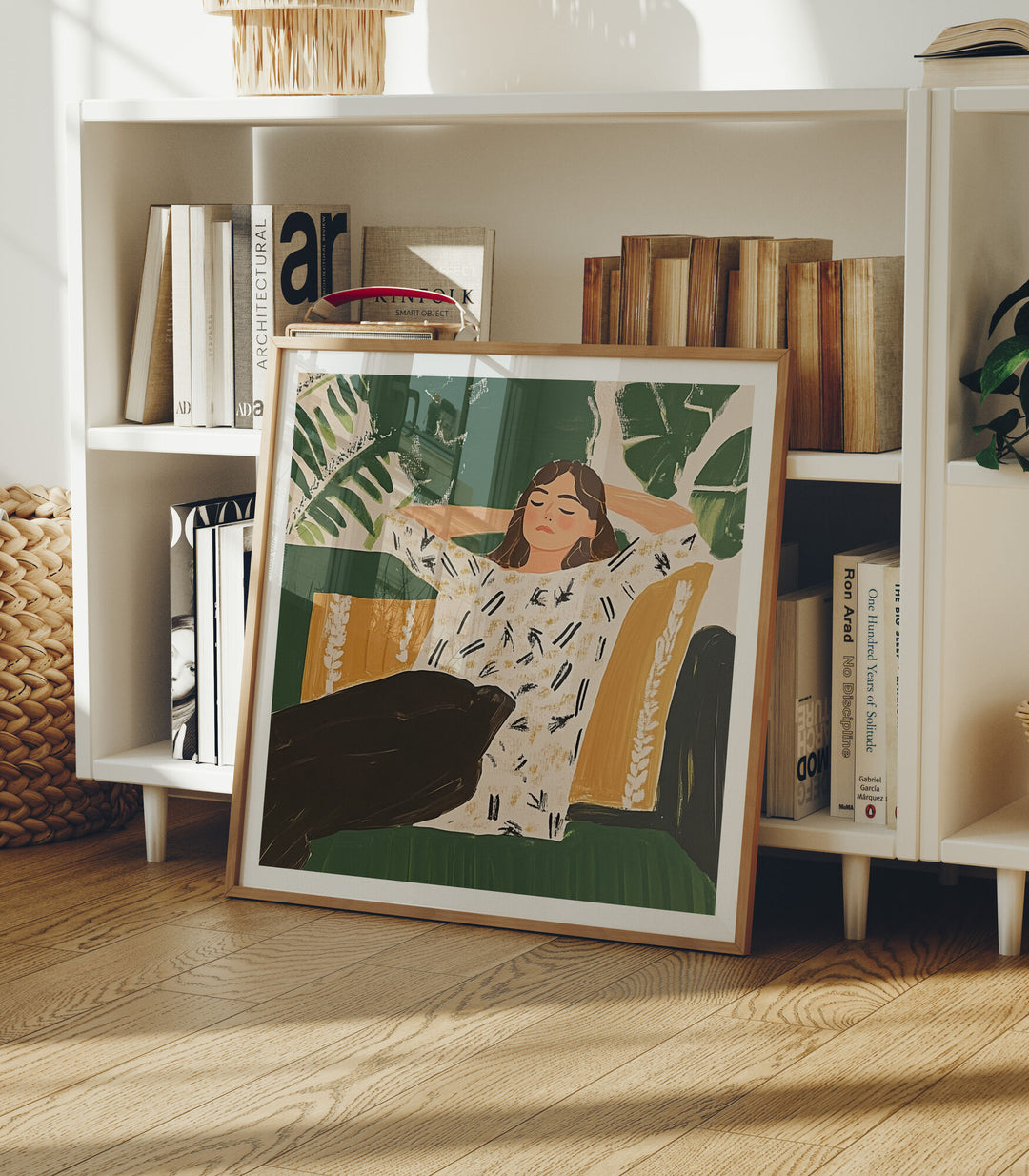 Square Wood Frame Mockup in home Interior with Reflection,Digital Art Display