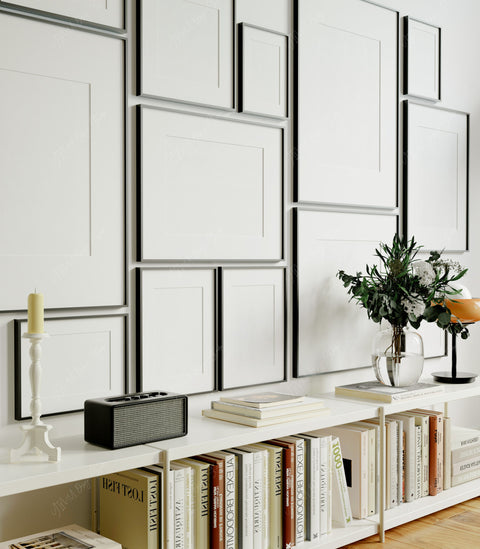 Interior wall art mockup with reflective 5x7 frames for shop product photos