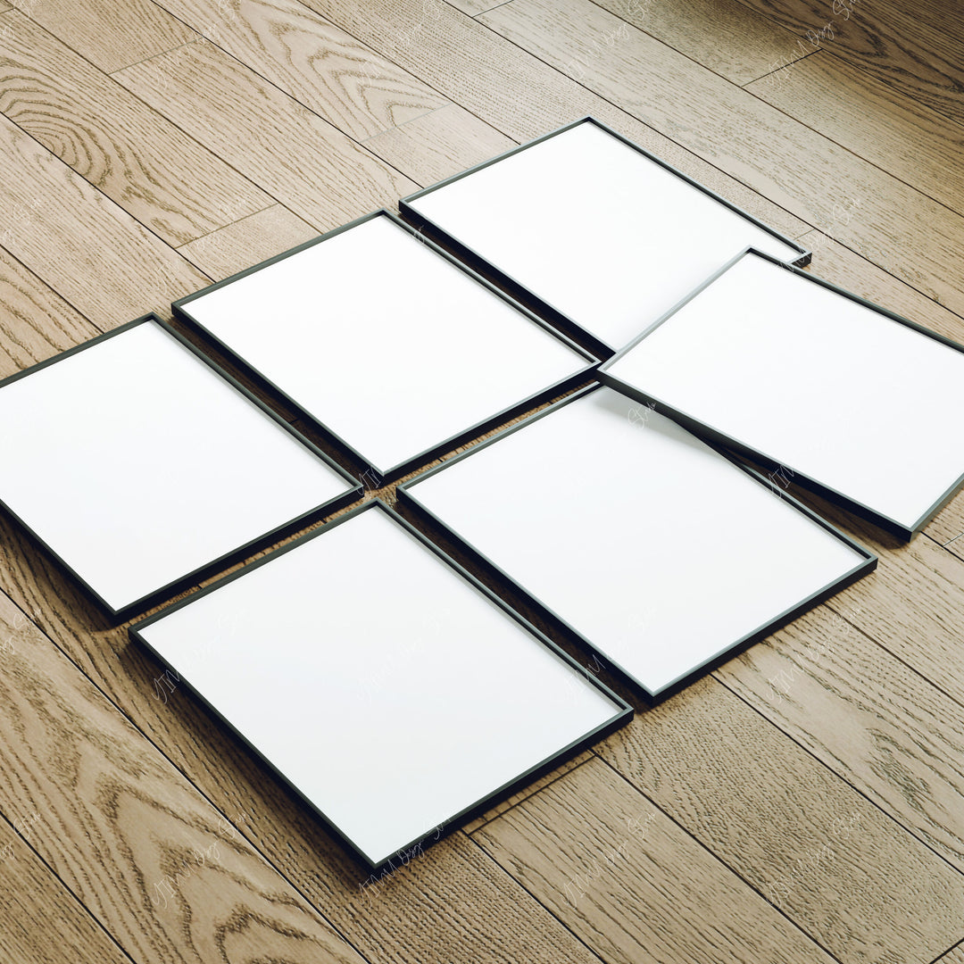 Set of 6 Black Frame Mockup on Wood Floor with Reflection,3x4 Picture Frame Mockup