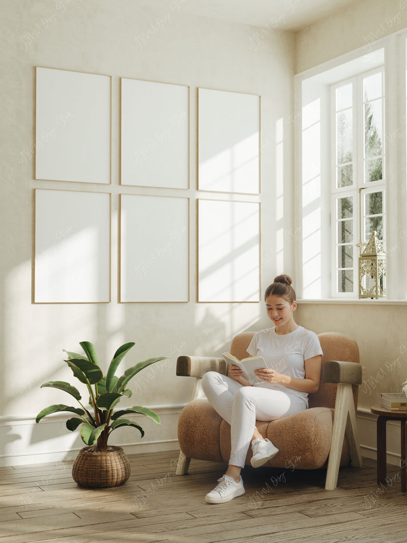 Gallery Wall Frames  Mockup with Person,6 Frames DIN A Wood Frame,Wall Art Mockup,Psd Smart Object