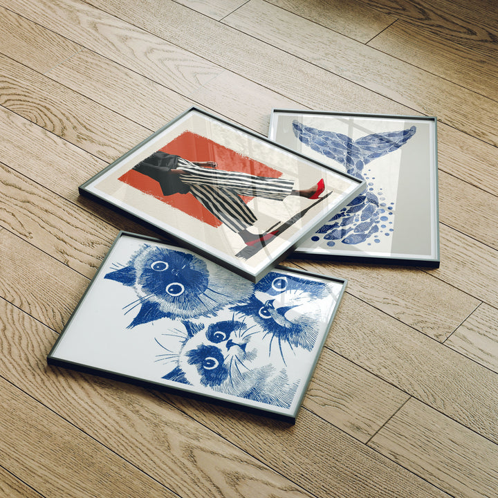 Set of 3 Black Frame Mockup on Wood Floor with Reflection,3x4 Picture Frame Mockup