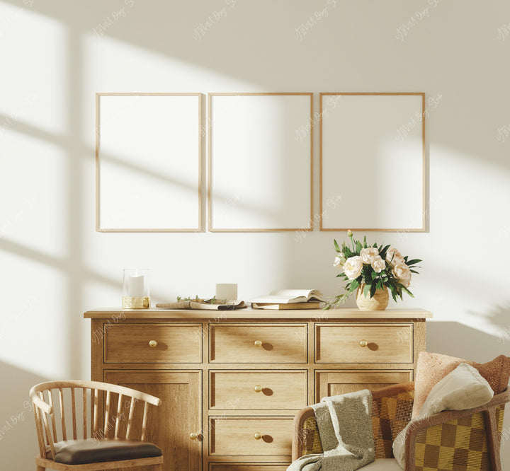 Set of 3 Wall Art Mockup in Living Room,3x4 Ratio Frame Mock-Up,Art Print Display,