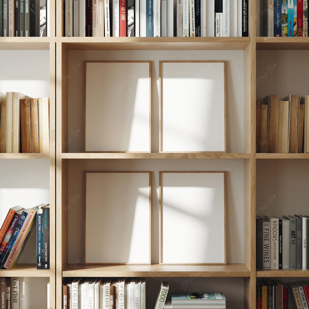 Set of 4 Wood Frame Mockup on Bookshelf,DIN A Ratio Frame,Poster Mockup,Art Print Mockup