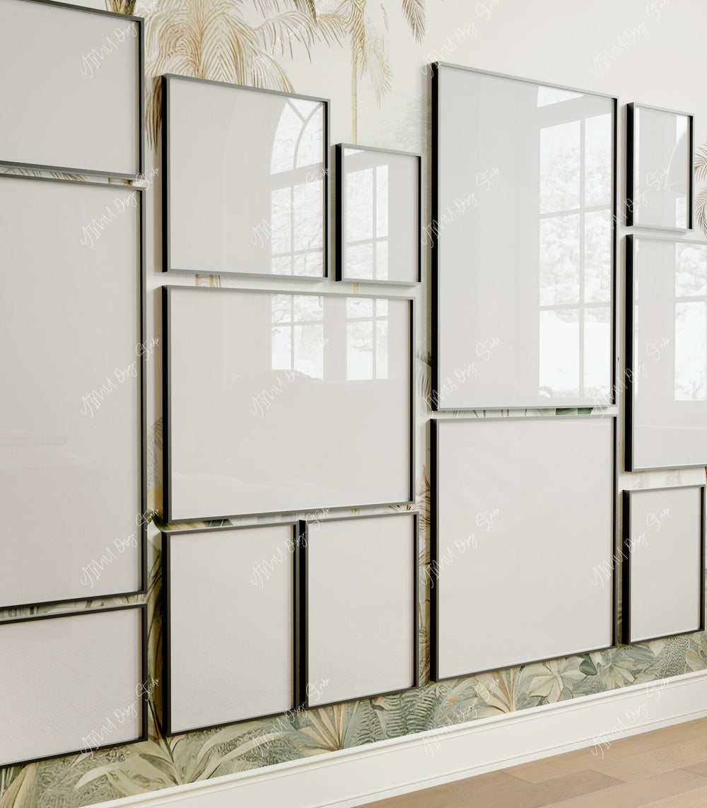 Interior wall art mockup with reflective gallery frames for poster display