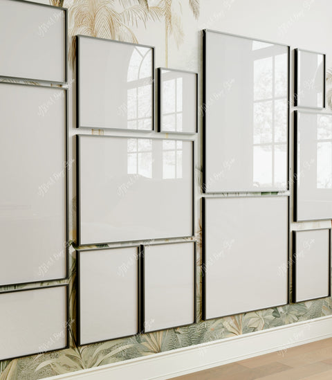 Interior wall art mockup with reflective gallery frames for poster display
