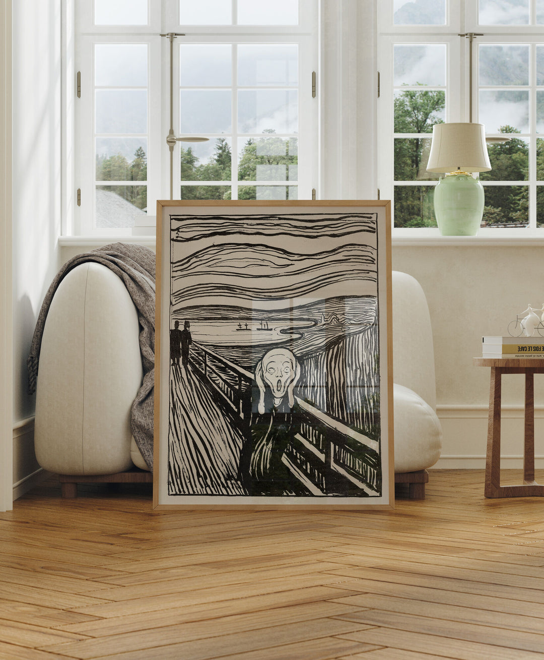 Wood Frame Mockup in Living Room,3x4 Ratio Frame Mock-Up with Reflection,Artwork Mockup
