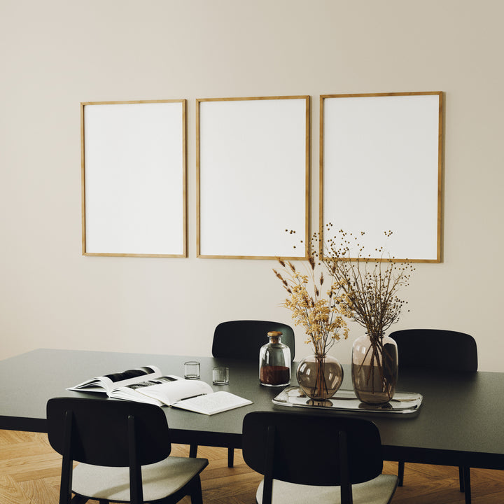 Set of 3 Wood Frame Mockups in Dining Room,3x4 Ratio Frame Mock-Up
