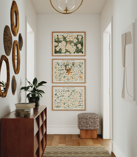Horizontal poster set mockup with three framed artworks