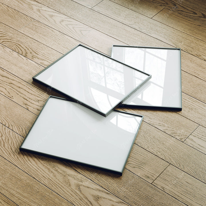 Set of 3 Black Frame Mockup on Wood Floor with Reflection,3x4 Picture Frame Mockup
