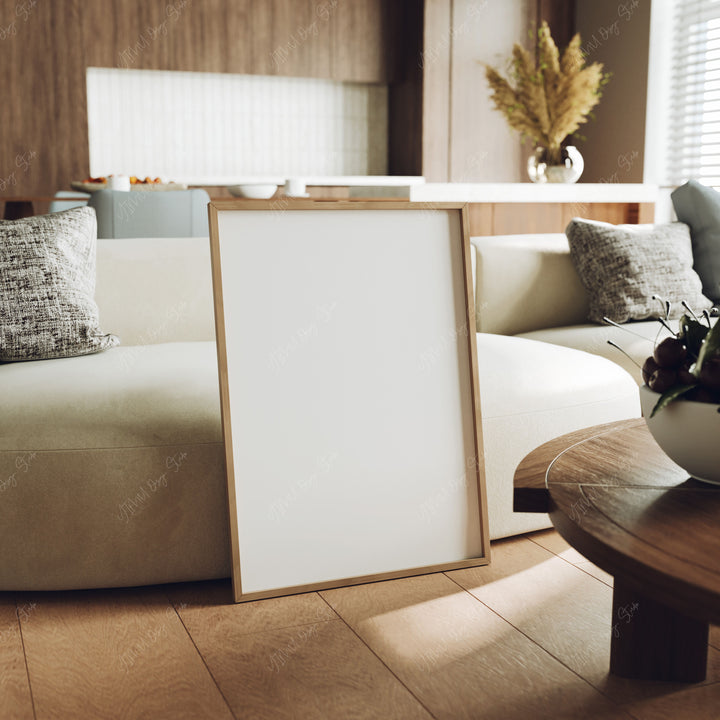 Wood Frame Mockup in Living Room,5x7 Vertical Frame Mock-Up,Psd Template