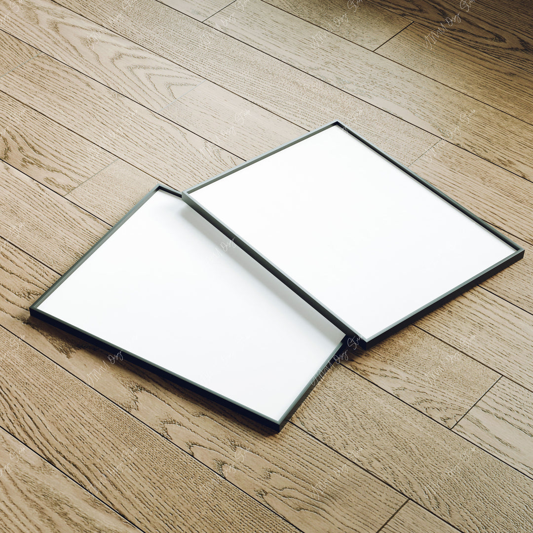 Set of 2 Black Frame Mockup on Wood Floor with Reflection,3x4 Picture Frame Mockup