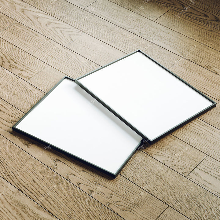 Set of 2 Black Frame Mockup on Wood Floor with Reflection,3x4 Picture Frame Mockup