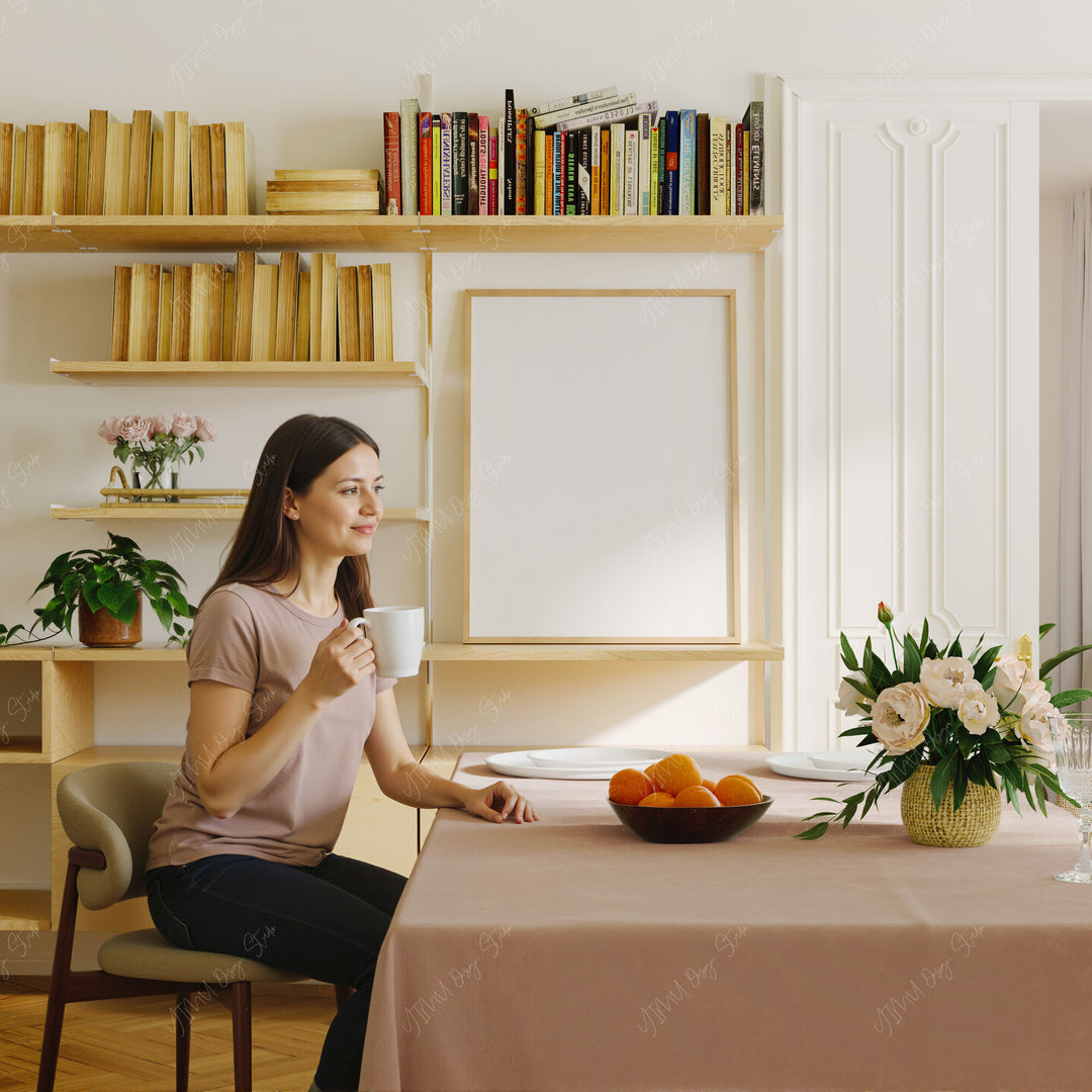 3x4 Wood Frame Mockup in Living Room with Person,Photoshop Mockup,Wall Art Mockup