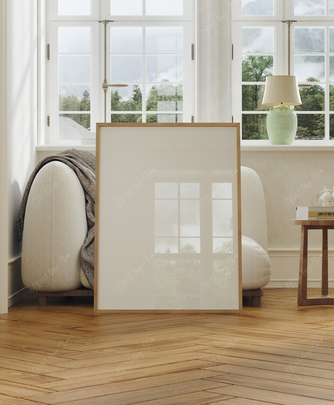 Wood Frame Mockup in Living Room,3x4 Ratio Frame Mock-Up with Reflection,Artwork Mockup