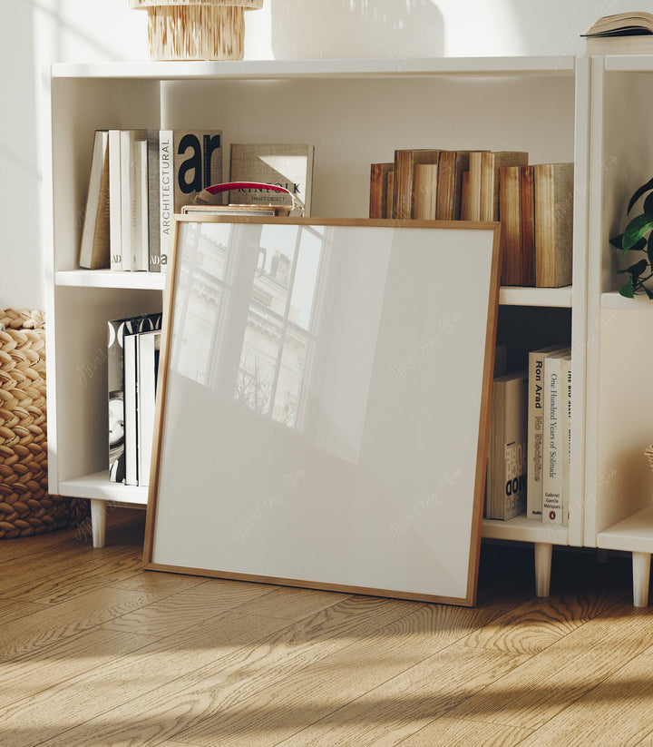 Square Wood Frame Mockup in home Interior with Reflection,Digital Art Display