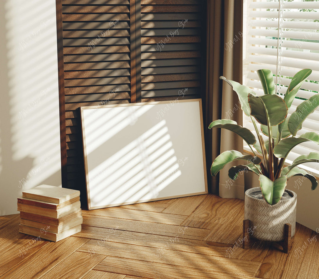 Horizontal Wood Frame Mockup in Living Room,4x3 Ratio Frame Mock-Up