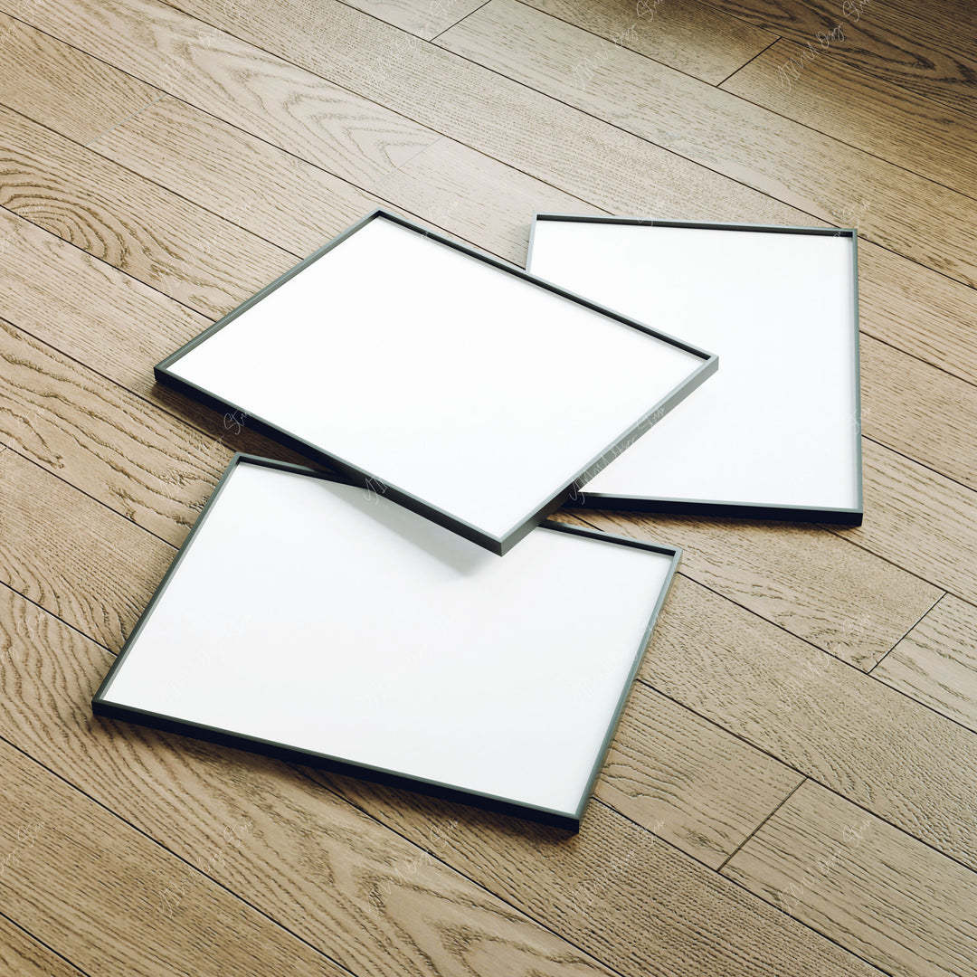 Set of 3 Black Frame Mockup on Wood Floor with Reflection,3x4 Picture Frame Mockup