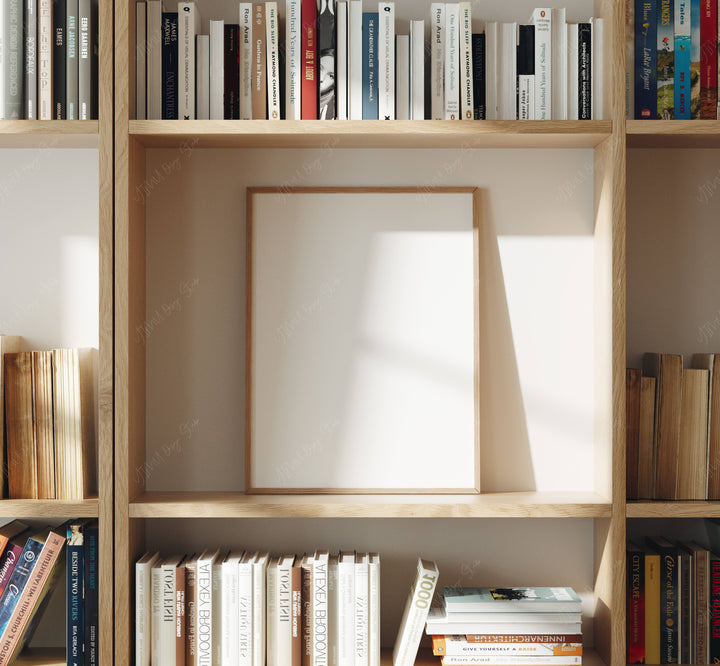 Wood Frame Mockup on Bookshelf,3x4 Ratio Frame Mock-Up,Picture Frame Mockup