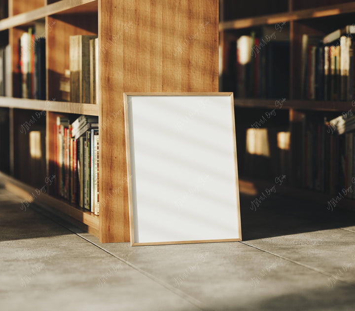 3x4 Wood Frame Mockup in Library,Thin Frame,Vertical Frame Mock-Up