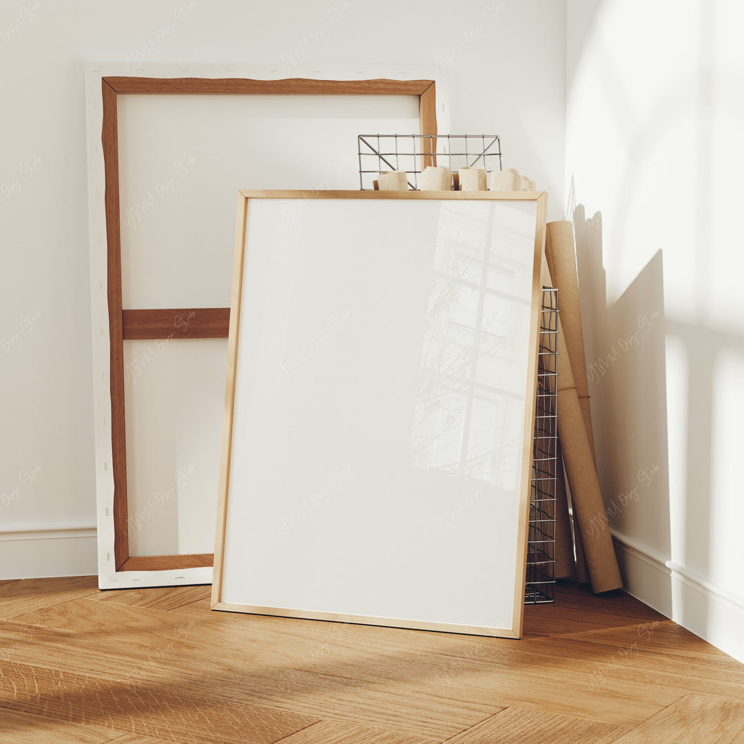 Wood Frame Mockup in Living Room,3x4 Ratio Frame Mock-Up with Reflection