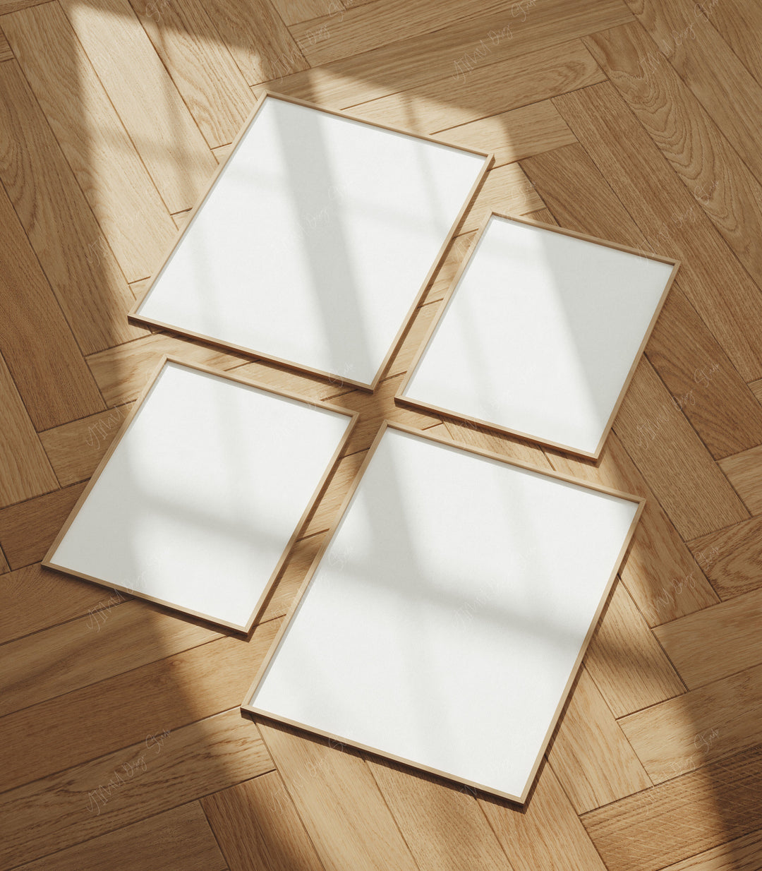 Set of 4 Wood Frames Mockup on Wooden Floor,3x4 Ratio Wood Frame Mock-Up,Digital Templates