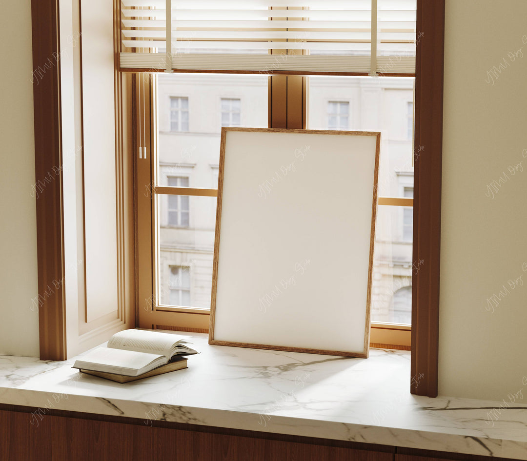 3x4 Wood Frame Mockup Lean on Window,Frame Mock-Up in Home Interior