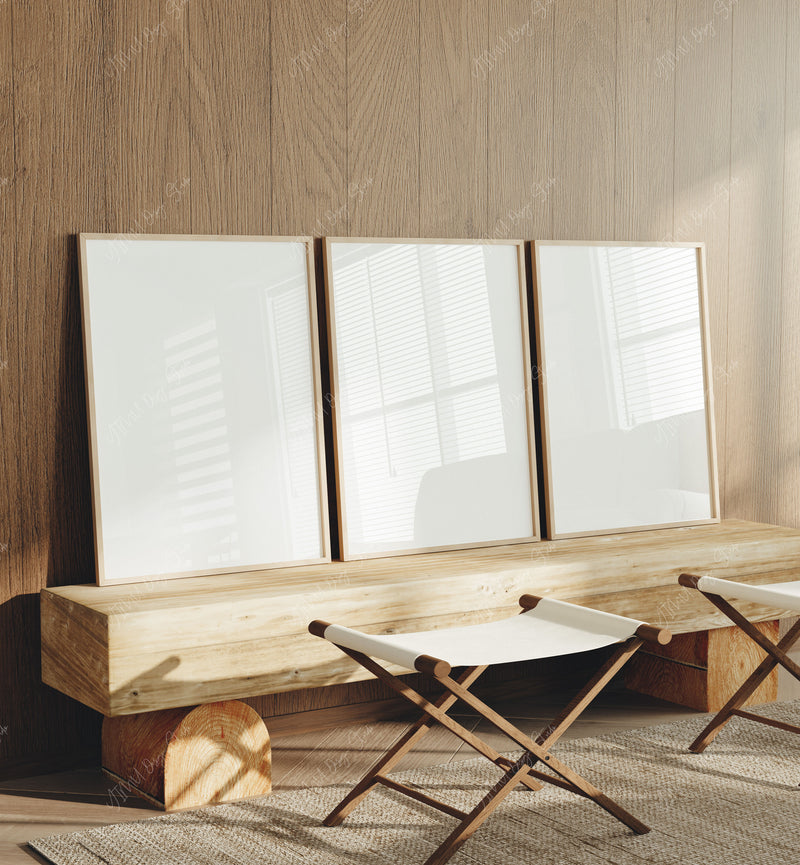 Set of 3 Wood Frame Mockup in Living Room,3x4 Vertical Frame Mock-Up