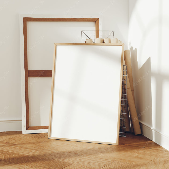Wood Frame Mockup in Living Room,3x4 Ratio Frame Mock-Up with Reflection