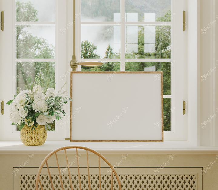 Horizontal Wood Frame Mockup Lean on Window,4x3 Ratio Frame Artwork Mockup