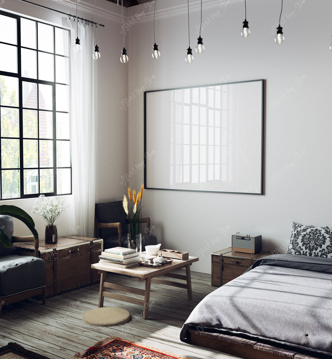 Horizontal Black Frame Mockup with Reflection,4x3 Wall Art Mockup