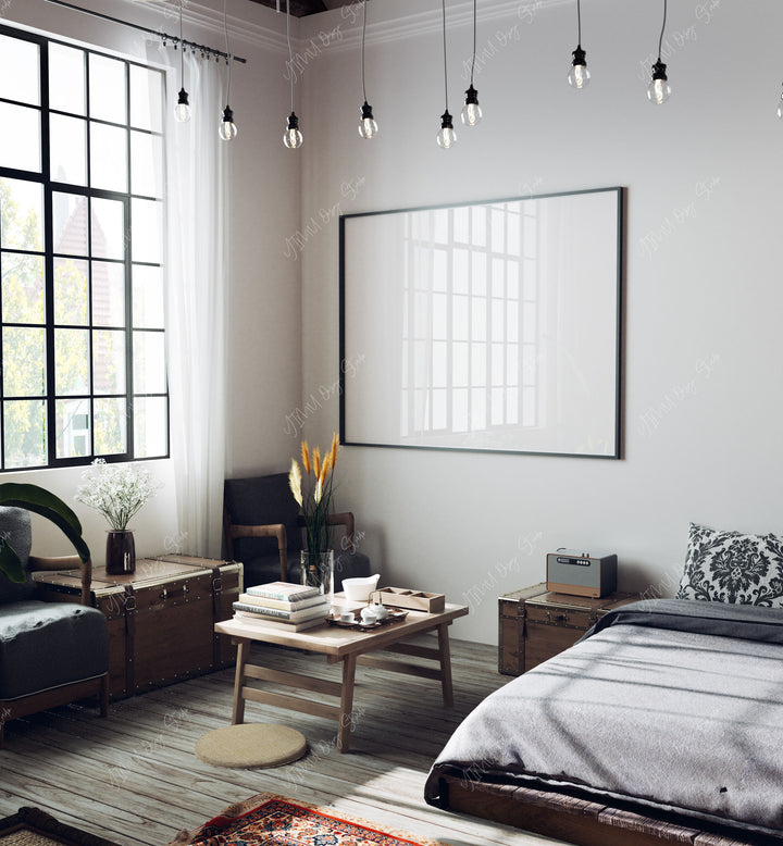 Horizontal Black Frame Mockup with Reflection,4x3 Wall Art Mockup