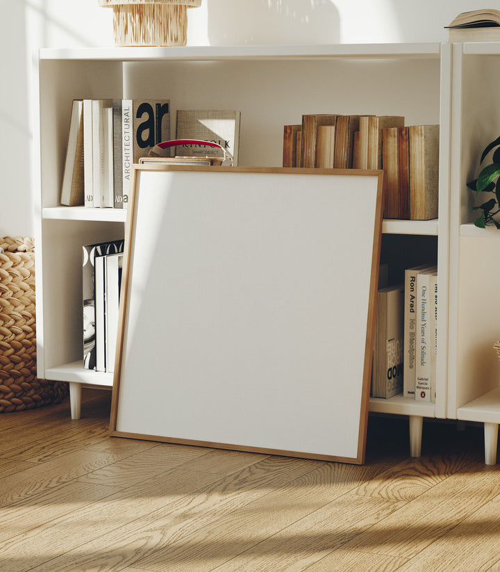 Square Wood Frame Mockup in home Interior with Reflection,Digital Art Display