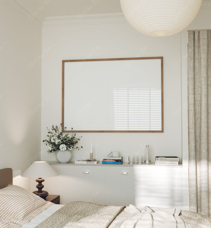 Wood Frame Mockup in Bedroom,7x5 Horizontal Frame Mock-Up with Reflection
