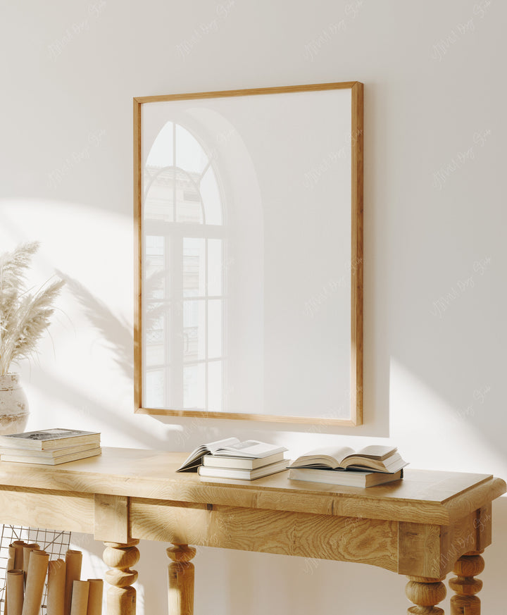 Wood Frame Mockup in Living Room,3x4 Ratio Frame Mock-Up with Reflection