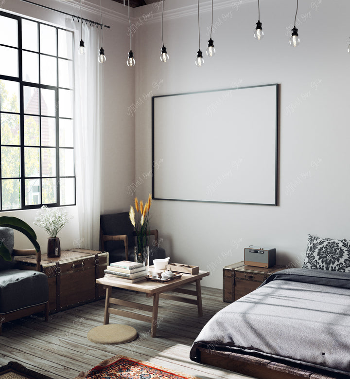 Horizontal Black Frame Mockup with Reflection,4x3 Wall Art Mockup