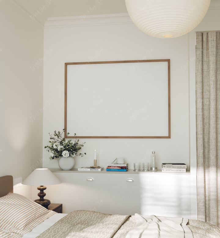 Wood Frame Mockup in Bedroom,7x5 Horizontal Frame Mock-Up with Reflection