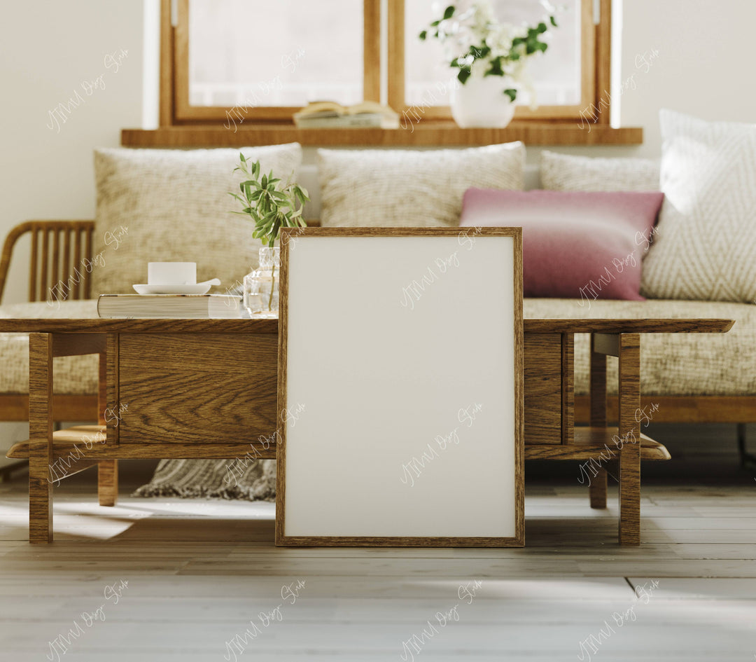 Wood Frame Mockup in Living Room,3x4 Ratio Frame,Print Poster Art Mockup