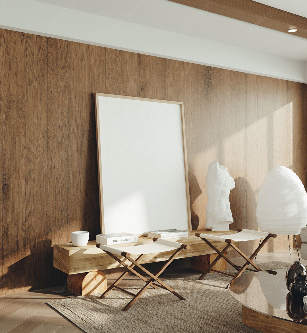 Wood Frame Mockup in Living Room,5x7 Vertical Frame Mock-Up with Reflection