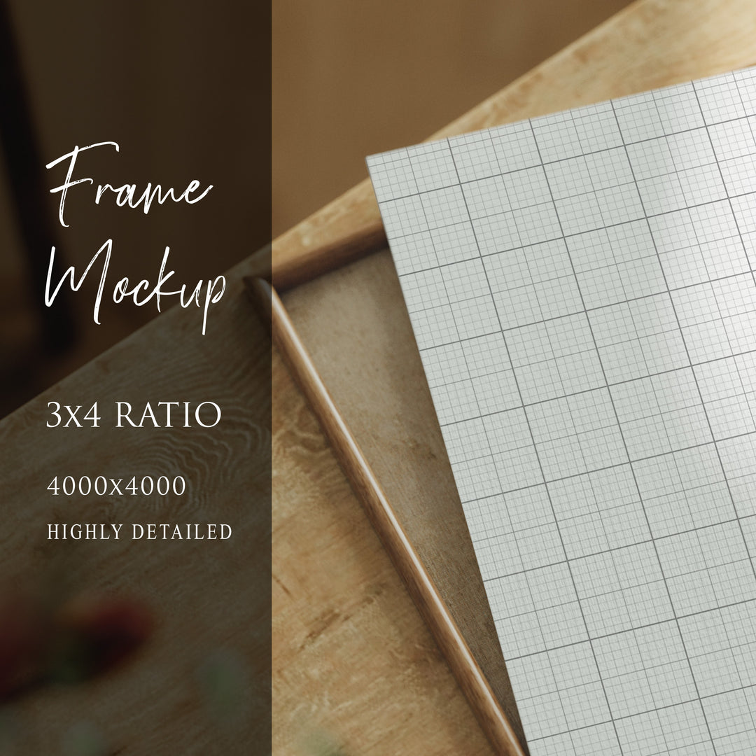 Close Up Wood Frame Mockup,Flatlay Print Detail Mockup,Art Print Mockup 3x4 Ratio