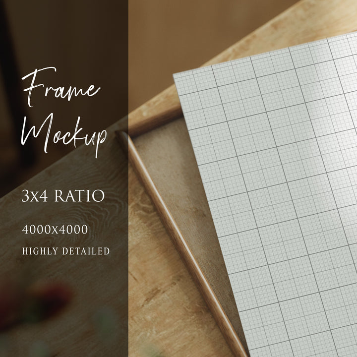 Close Up Wood Frame Mockup,Flatlay Print Detail Mockup,Art Print Mockup 3x4 Ratio