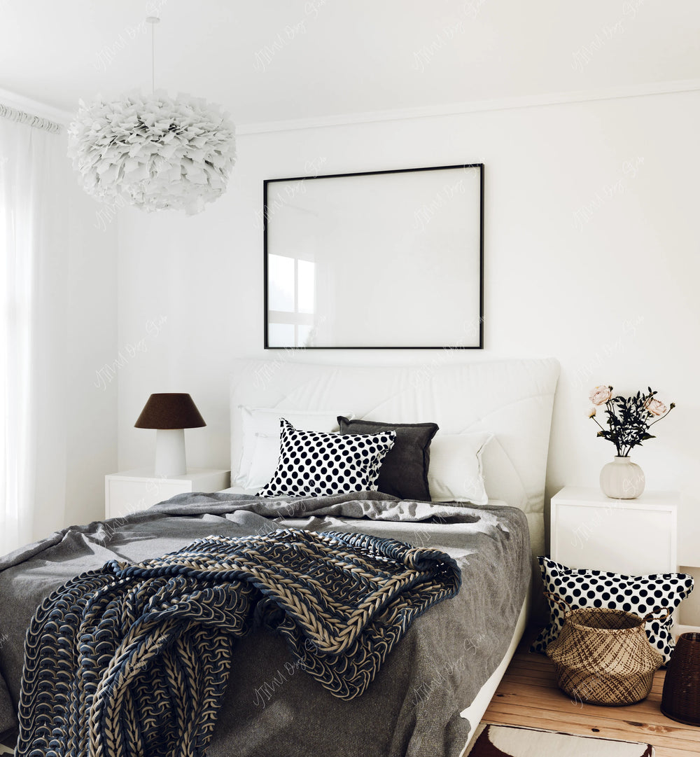Horizontal Black Frame Mockup in Bedroom,4x3 Ratio Frame Mock-Up,Print Poster Mockup,Wall Art Mockup,Psd Template,Smart Object