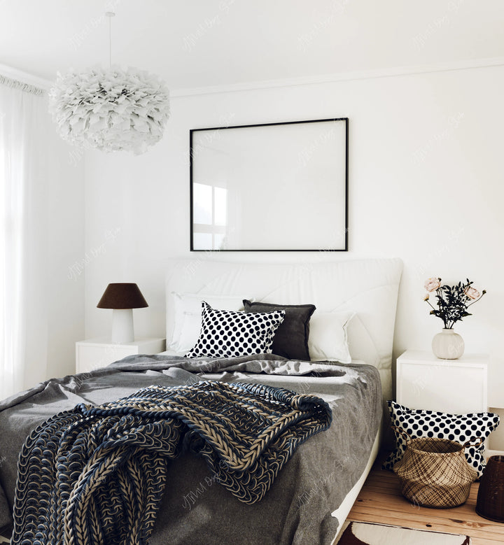 Horizontal Black Frame Mockup in Bedroom,4x3 Ratio Frame Mock-Up,Print Poster Mockup,Wall Art Mockup,Psd Template,Smart Object
