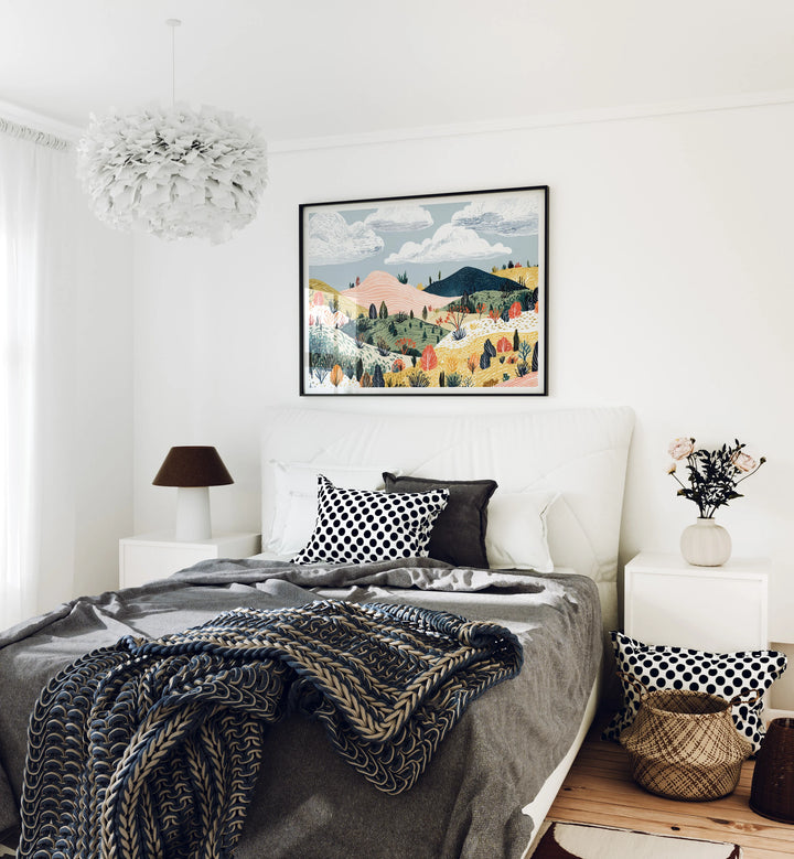 Horizontal Black Frame Mockup in Bedroom,4x3 Ratio Frame Mock-Up,Print Poster Mockup,Wall Art Mockup,Psd Template,Smart Object