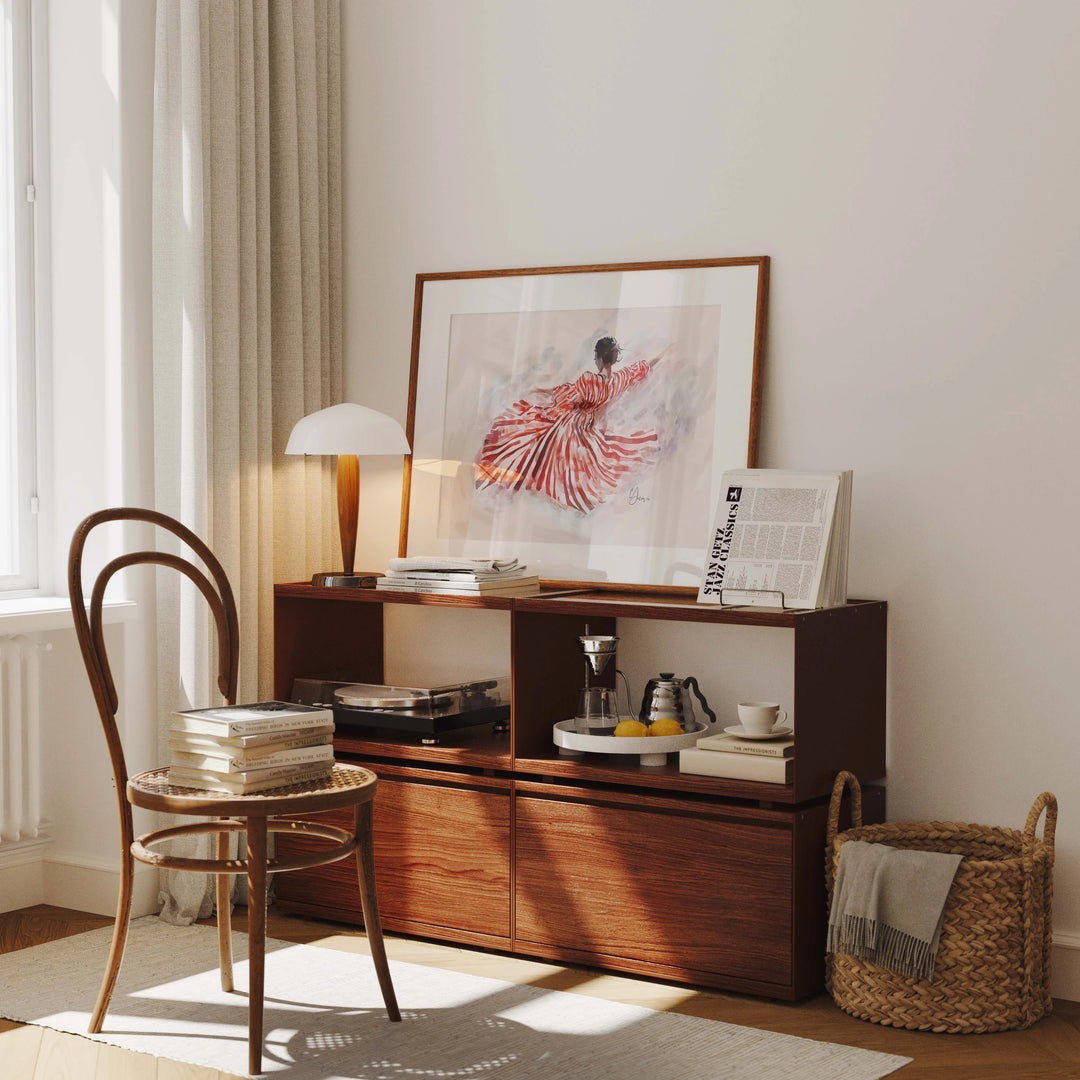 Horizontal Walnut Frame Mockup on Mid-Century Cabinet - 4x3 Ratio - preview 1