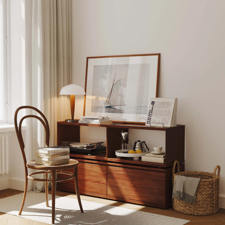 Horizontal Walnut Frame Mockup on Mid-Century Cabinet - 4x3 Ratio - preview 3