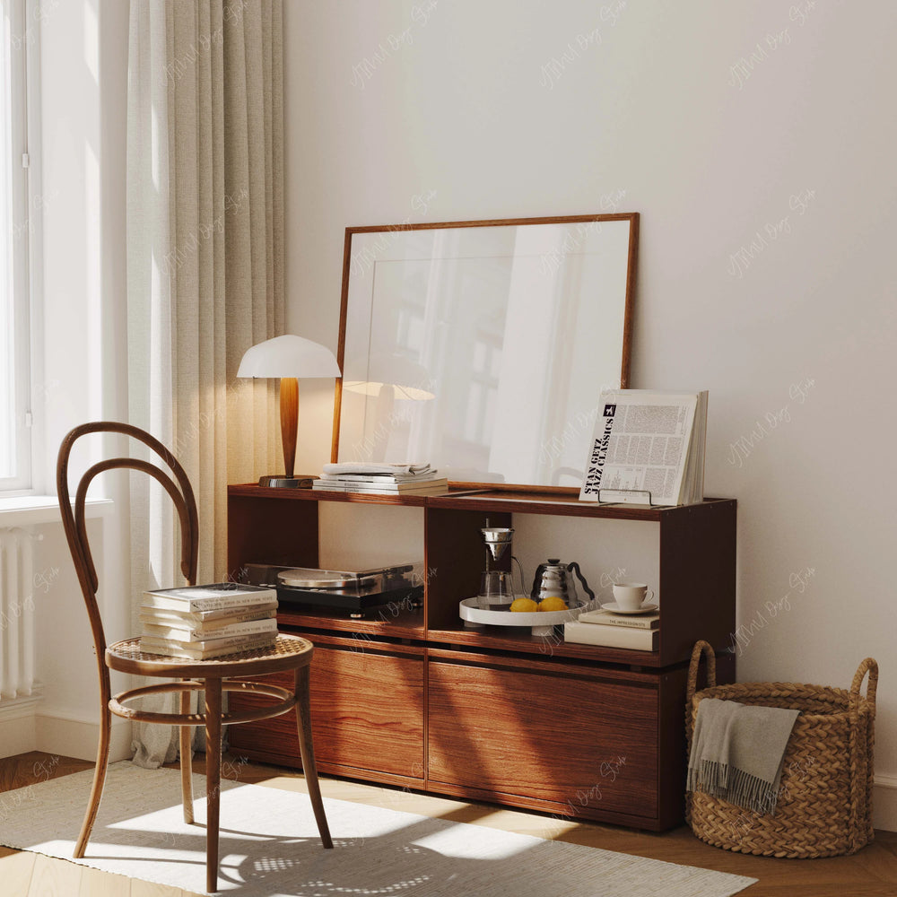 Horizontal Walnut Frame Mockup on Mid-Century Cabinet - 4x3 Ratio - preview 5