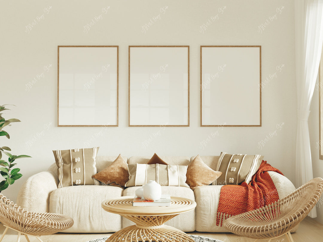 Set of 3 Wood Frame Mockup in Living room Interior,Boho Frame Mockup,Poster Mockup