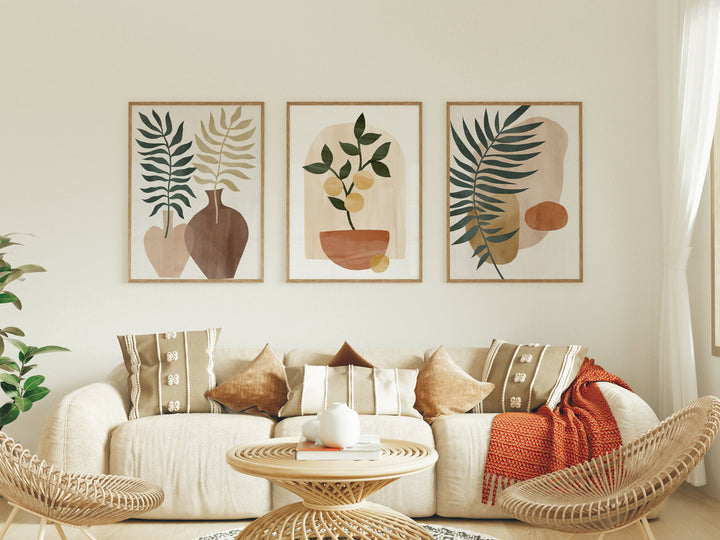 Set of 3 Wood Frame Mockup in Living room Interior,Boho Frame Mockup,Poster Mockup