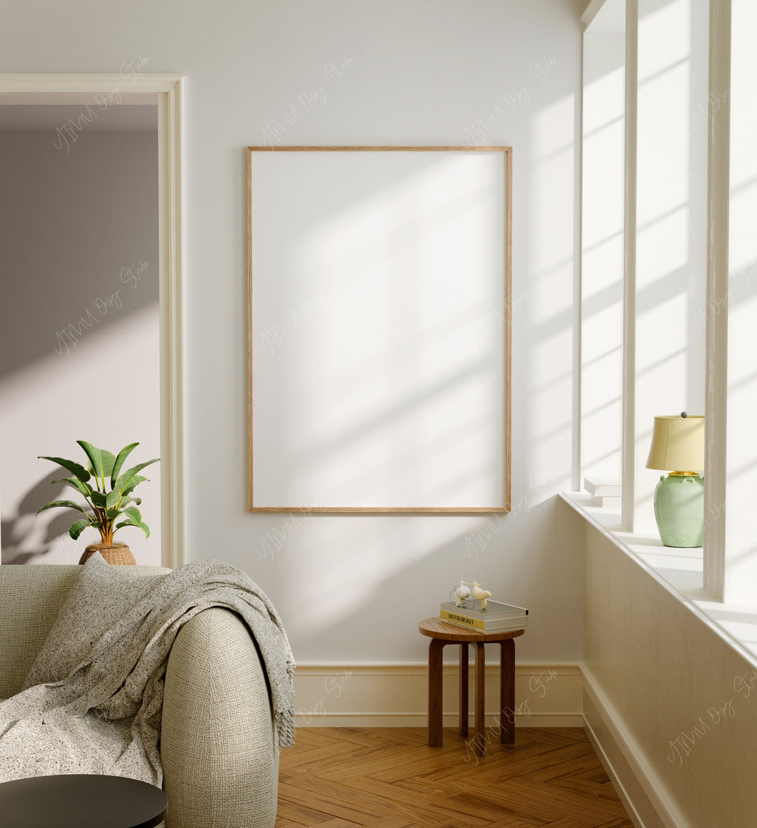 Wood Frame Mockup in Living Room,Poster Mockup,5x7 Ratio Frame Art Print Mockup